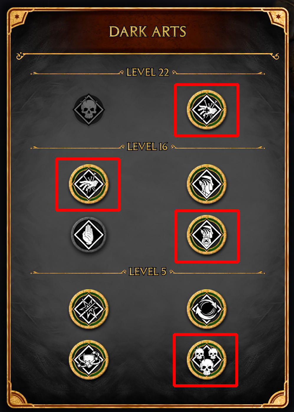 Most important talents for the Crucio-only version of the build highlighted