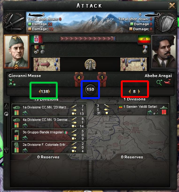 Combat Widths in a HOI4 battle. Blue is the max combat width for the battle, green is your used combat width, red is the enemy's used combat width.